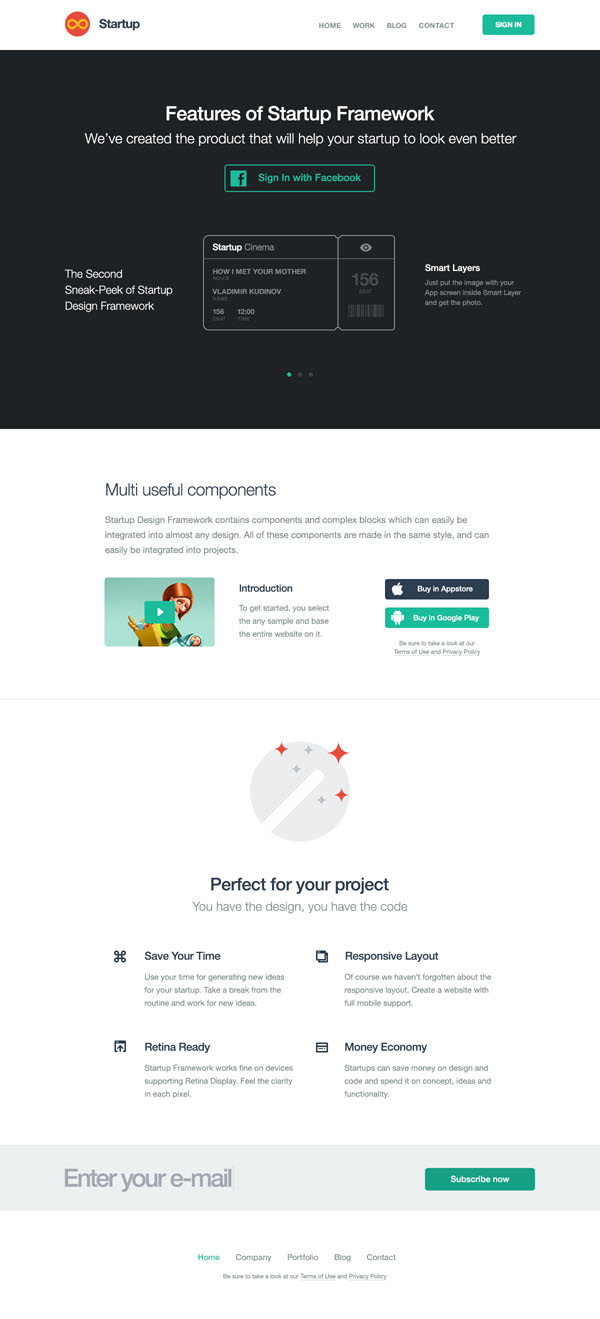 Onepage Application Website Template Download Free PSD and HTML